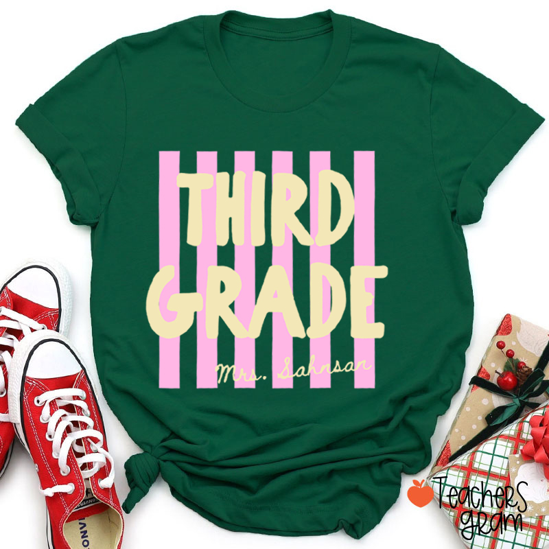 Personalized Grade And Name Pink Stripes Teacher T-Shirt