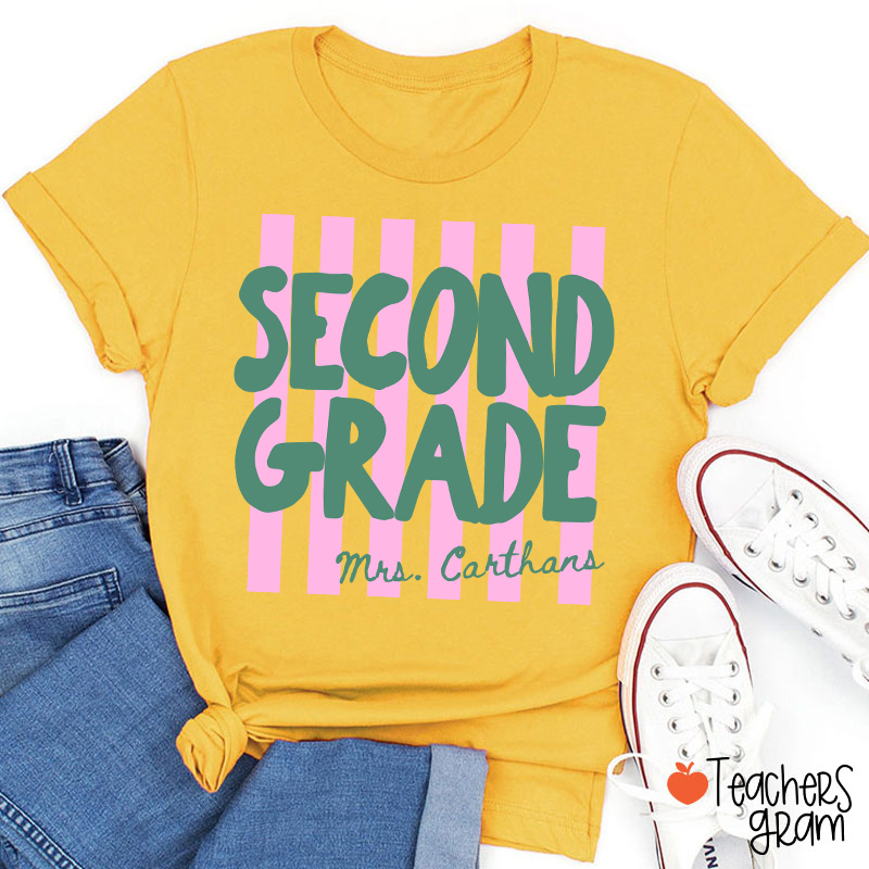 Personalized Grade And Name Pink Stripes Teacher T-Shirt