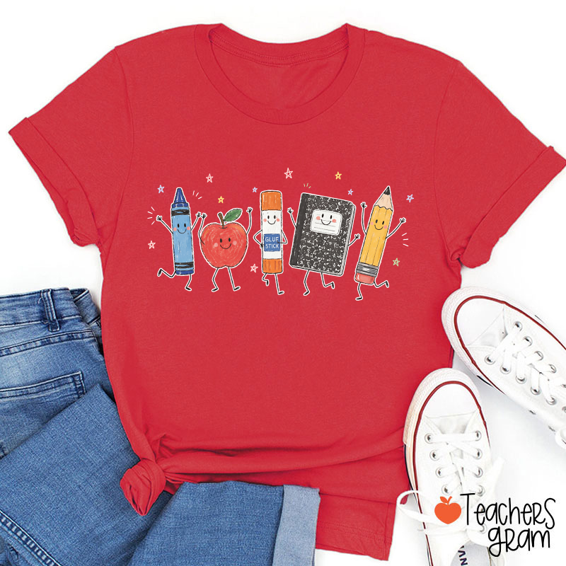 Cute Anthropomorphic School Supplies Teacher T-Shirt