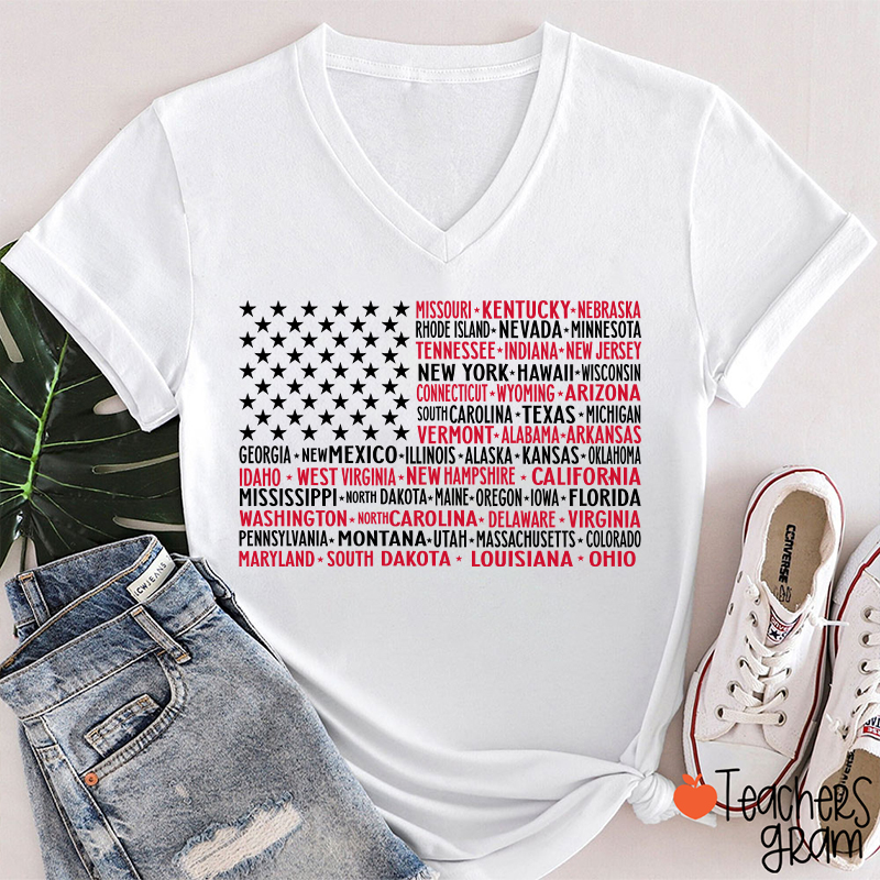 Vintage American Flag 4th Of July Teacher Female V-Neck T-Shirt-Teachersgram