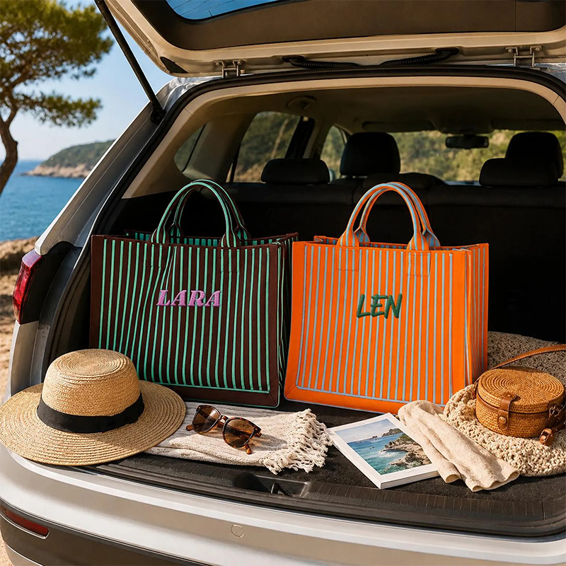 Personalized Name Embroidered Striped Knit Tote Bag