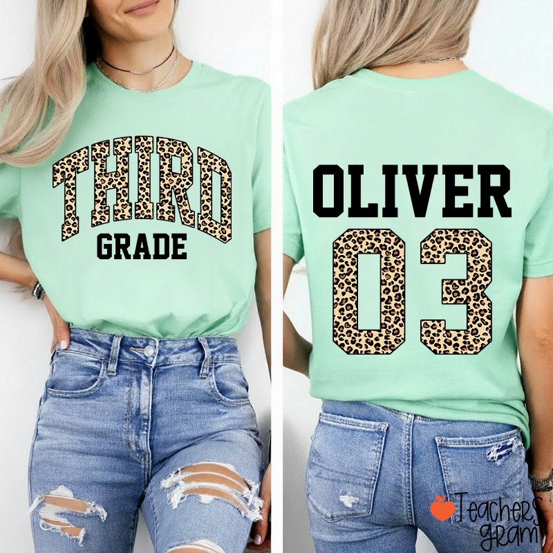 Personalized Grade Name Leopard Print Number Teacher Two Sided T-Shirt