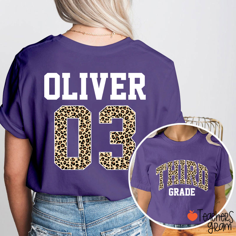 Personalized Grade Name Leopard Print Number Teacher Two Sided T-Shirt