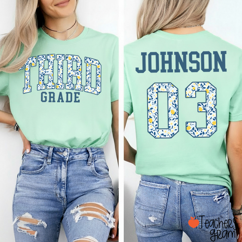 Personalized Grade And Name Floral Letter Teacher Two Sided T-Shirt