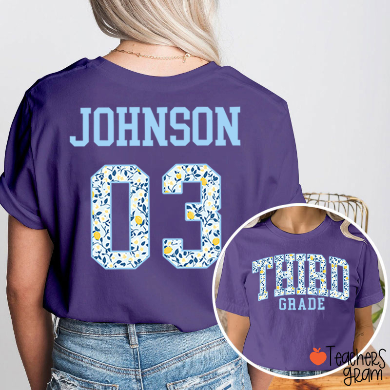 Personalized Grade And Name Floral Letter Teacher Two Sided T-Shirt