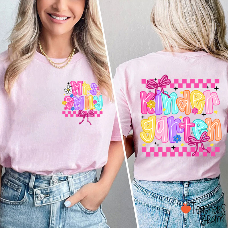 Personalized Grade And Name Checkered Bow Teacher Two Sided T-Shirt
