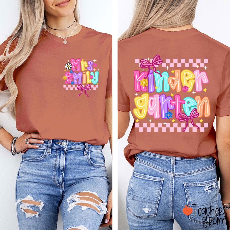 Personalized Grade And Name Checkered Bow Teacher Two Sided T-Shirt