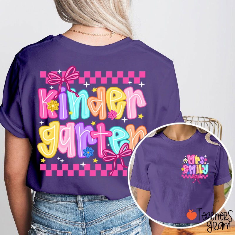 Personalized Grade And Name Checkered Bow Teacher Two Sided T-Shirt