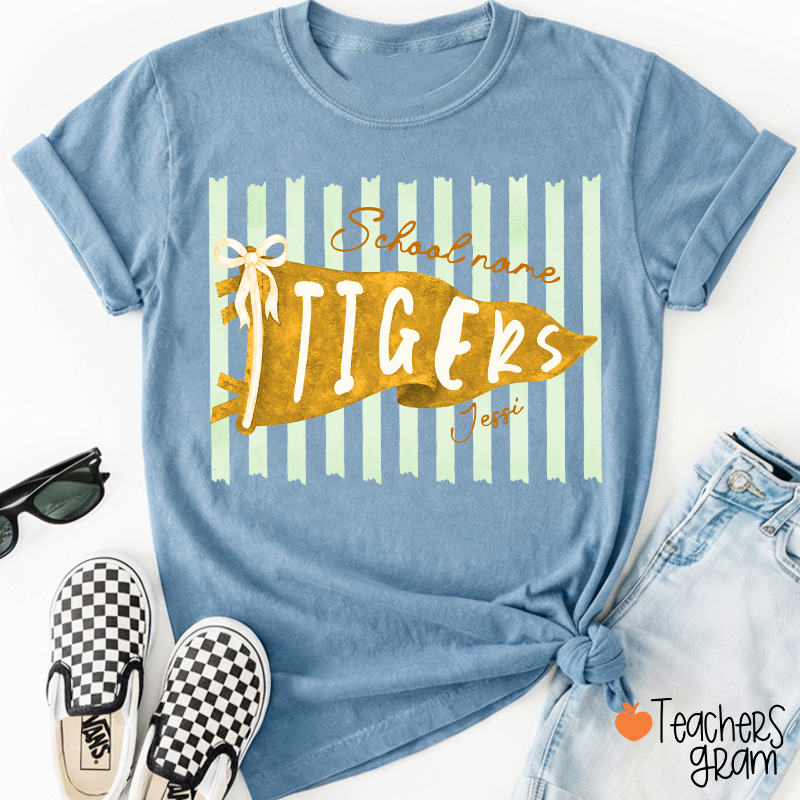 Personalized Mascot School Spirit Stripes Pennant Teacher T-Shirt