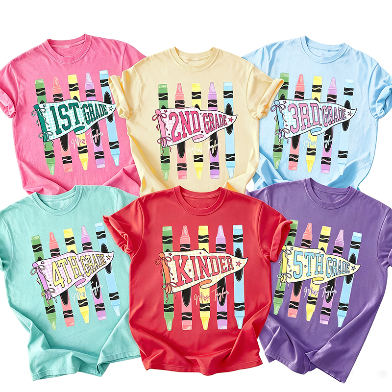 Personalized Name And Grade Colorful Flag Crayon Teacher T-Shirt