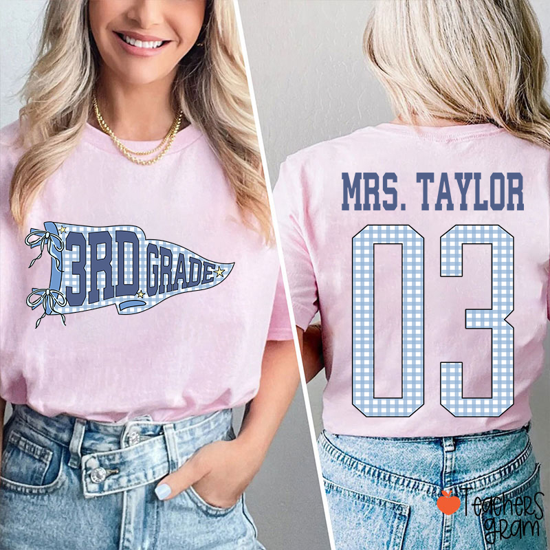 Personalized Grade Pennant Blue Gingham Teacher Two Sided T-Shirt