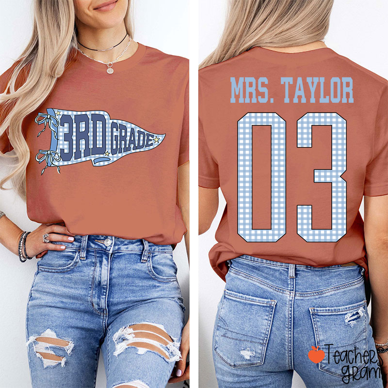 Personalized Grade Pennant Blue Gingham Teacher Two Sided T-Shirt
