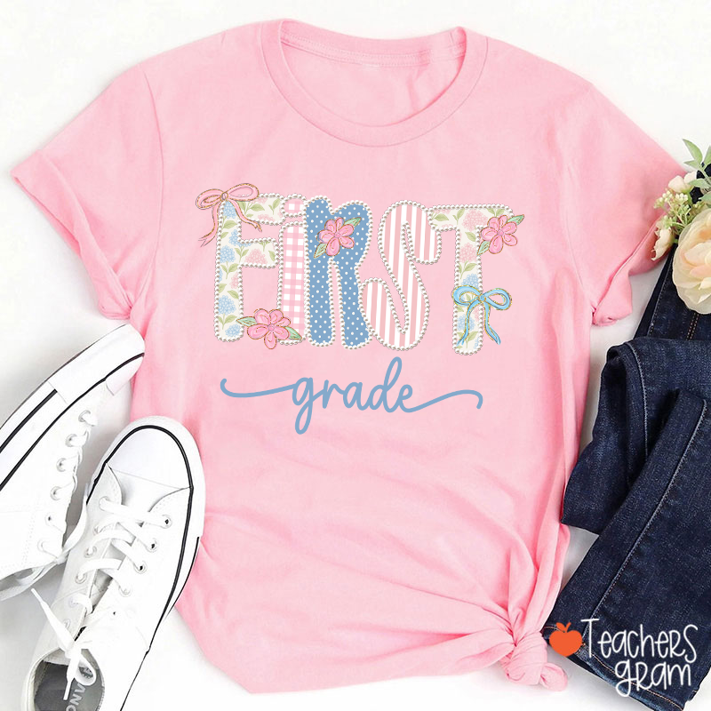 Personalized Grade Gingham Floral Bow Varsity Letter Teacher T-Shirt