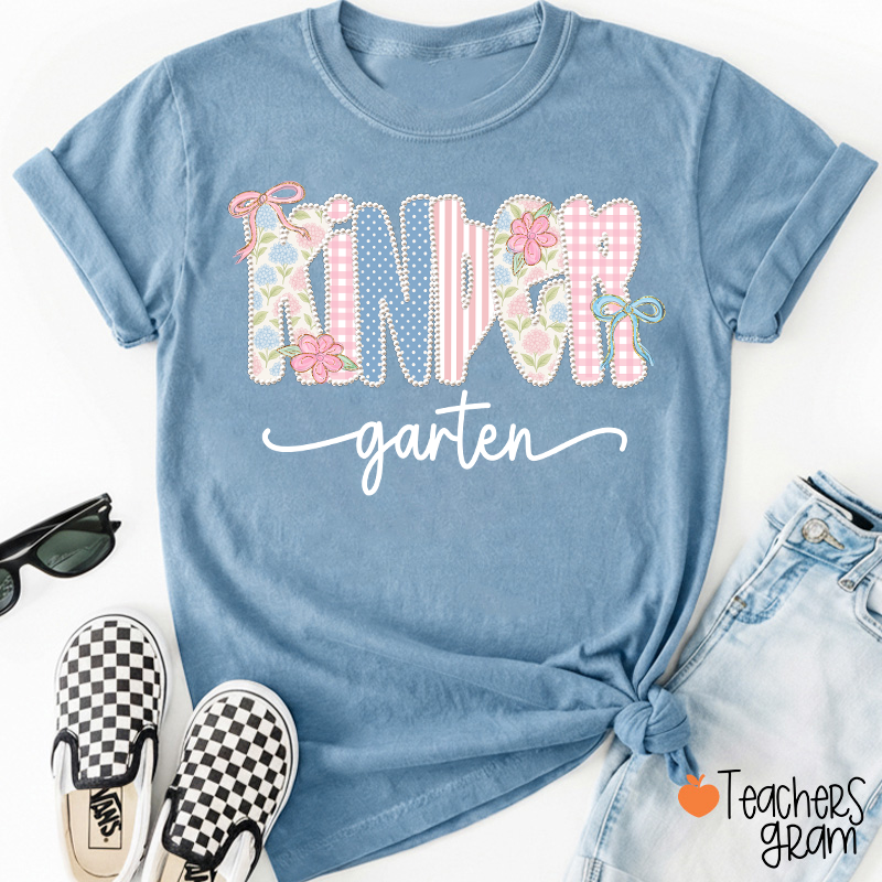 Personalized Grade Gingham Floral Bow Varsity Letter Teacher T-Shirt