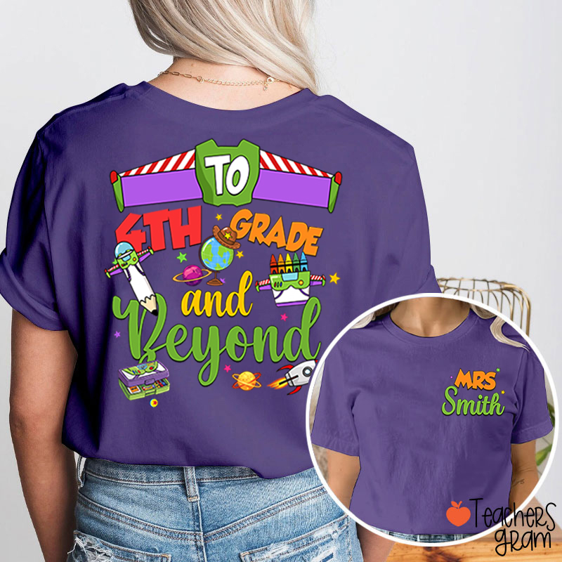 Personalized Grade Cartoon School Supply Rocket Teacher Two Sided T-Shirt