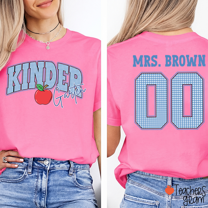 Personalized Grade And Name Checkered Letter Apple Teacher Two Sided T-Shirt