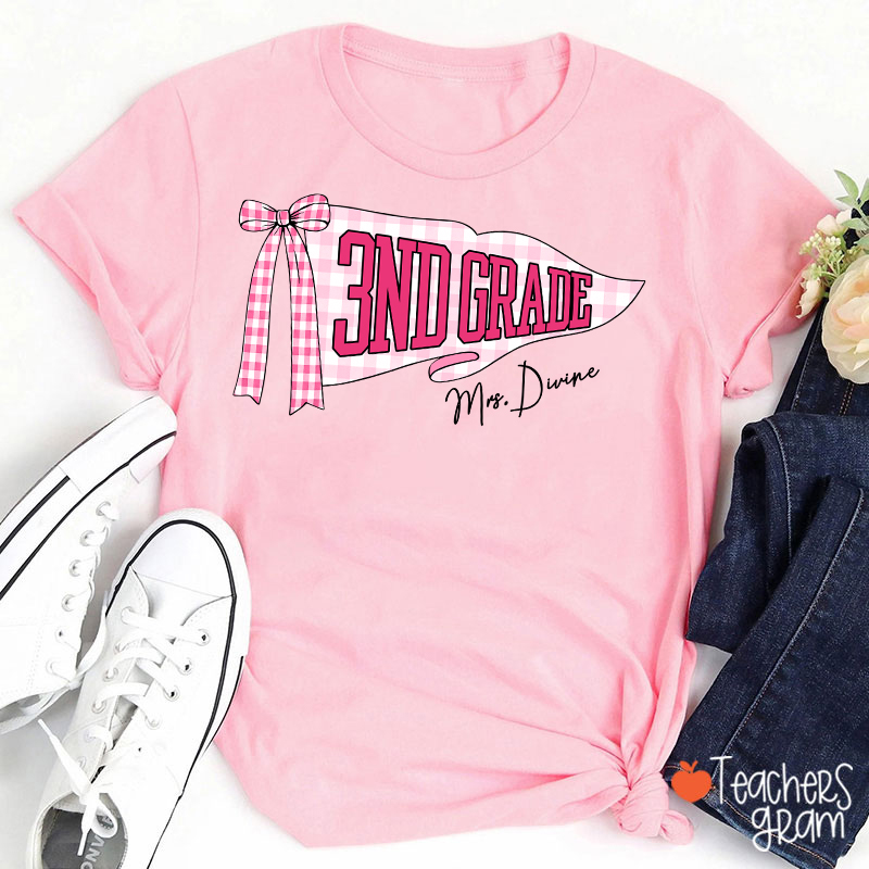 Personalized Grade And Name Gingham Bow Pennant Teacher T-Shirt