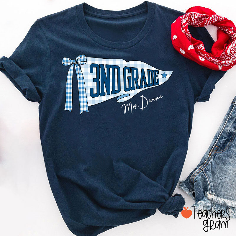 Personalized Grade And Name Gingham Bow Pennant Teacher T-Shirt