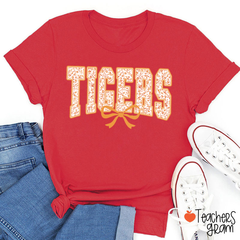Personalized Mascot Floral Printing Coquette Bow Teacher T-Shirt