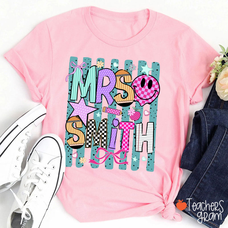 Personalized Grade Coquette Preppy Stripes Teacher T-Shirt