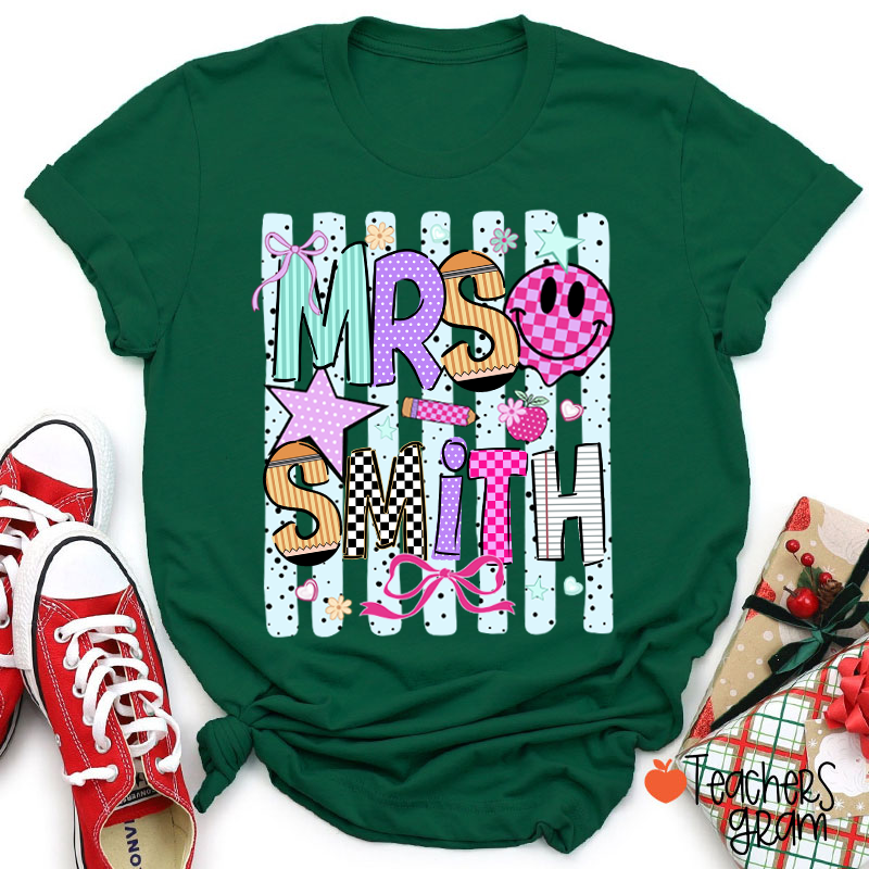 Personalized Grade Coquette Preppy Stripes Teacher T-Shirt