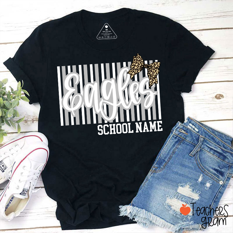 Personalized School Mascot Stripe Leopard Bow Teacher T-Shirt
