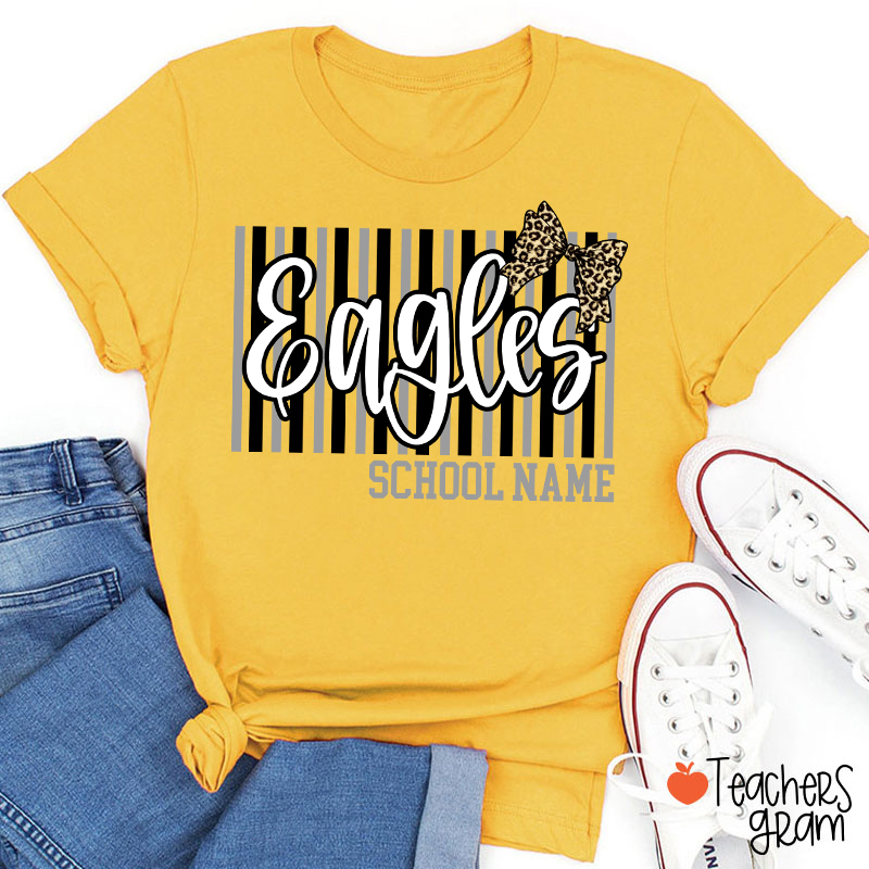 Personalized School Mascot Stripe Leopard Bow Teacher T-Shirt