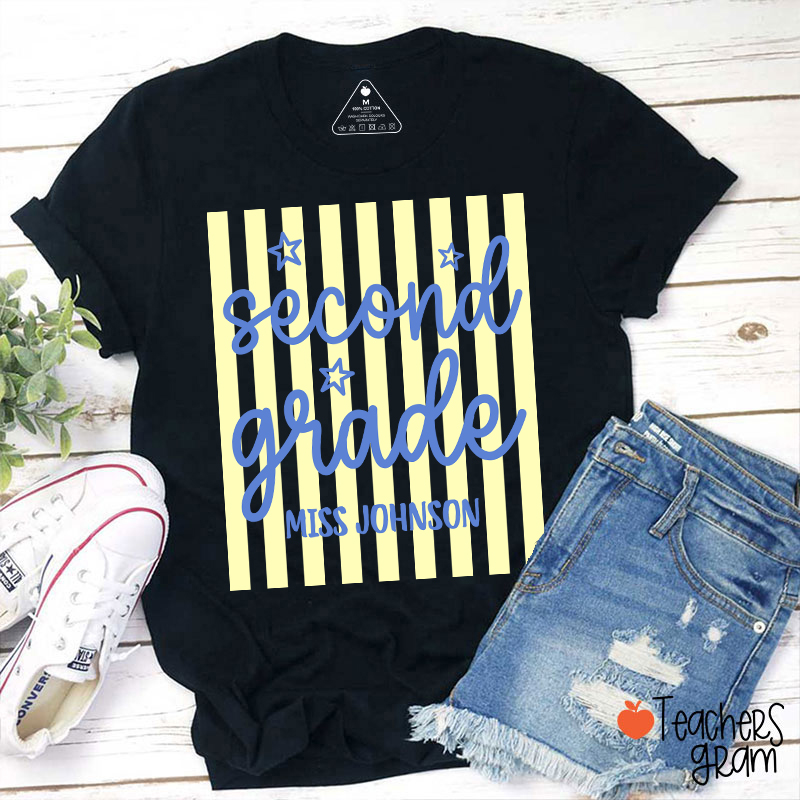 Personalized Grade Blue Gingham Stripes Teacher T-Shirt