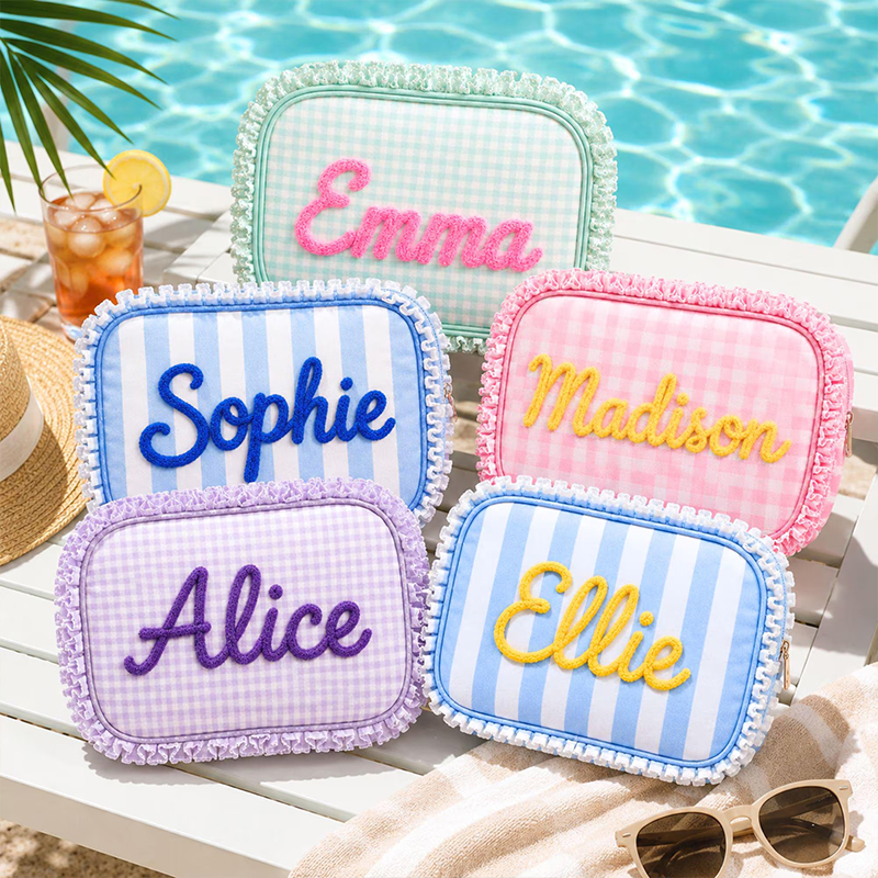 Personalized Chenille Name Gingham Ruffle Teacher Makeup Bag