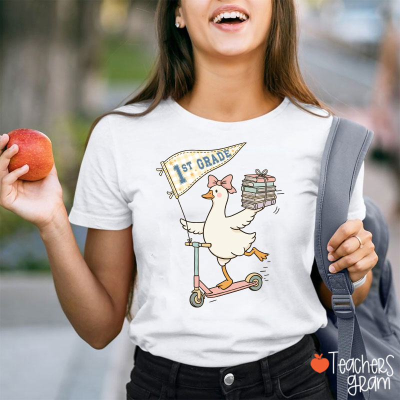 Personalized Grade Scooter Silly Goose Pennant Book Stack Teacher T-Shirt