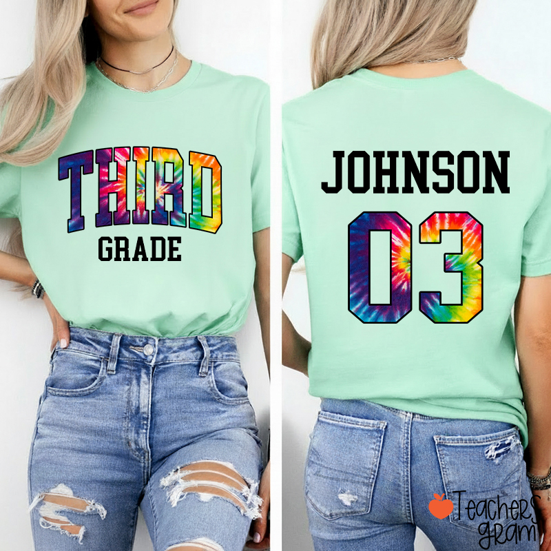 Personalized Grade And Name Tie-dye Letter Teacher Two Sided T-Shirt