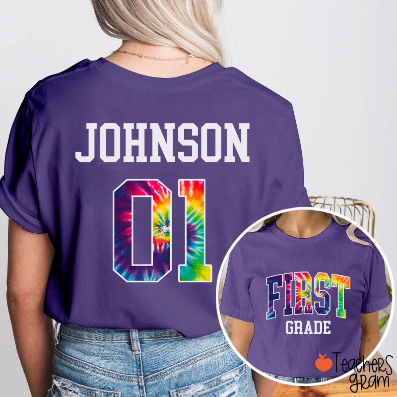 Personalized Grade And Name Tie-dye Letter Teacher Two Sided T-Shirt