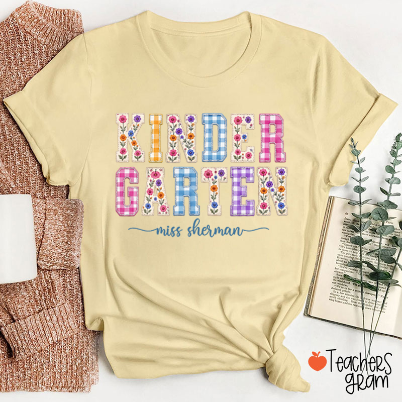 Personalized Name Floral Gingham Teacher T-Shirt