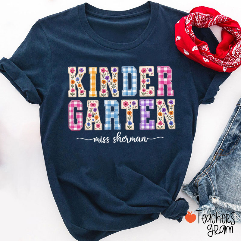 Personalized Name Floral Gingham Teacher T-Shirt