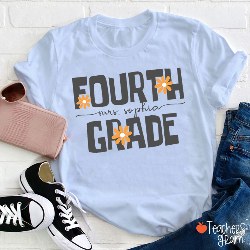 Personalized Name And Grade Daisy Floral Teacher T-Shirt