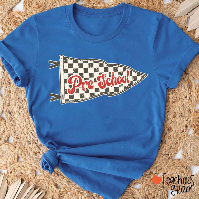 Personalized Grade Checkered Pennant Flag Vintage Retro Preschool Teacher T-Shirt