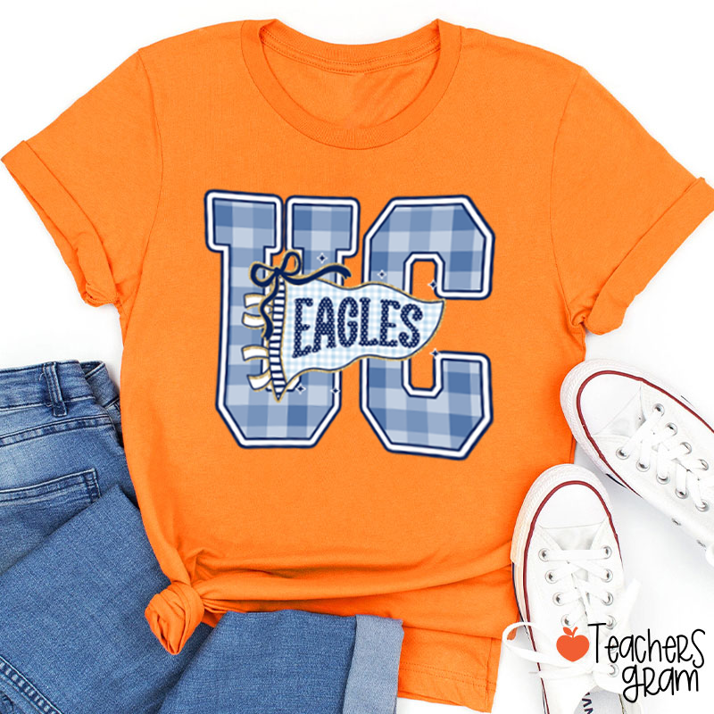 Personalized Mascot Gingham Varsity Letter Bow Teacher T-Shirt