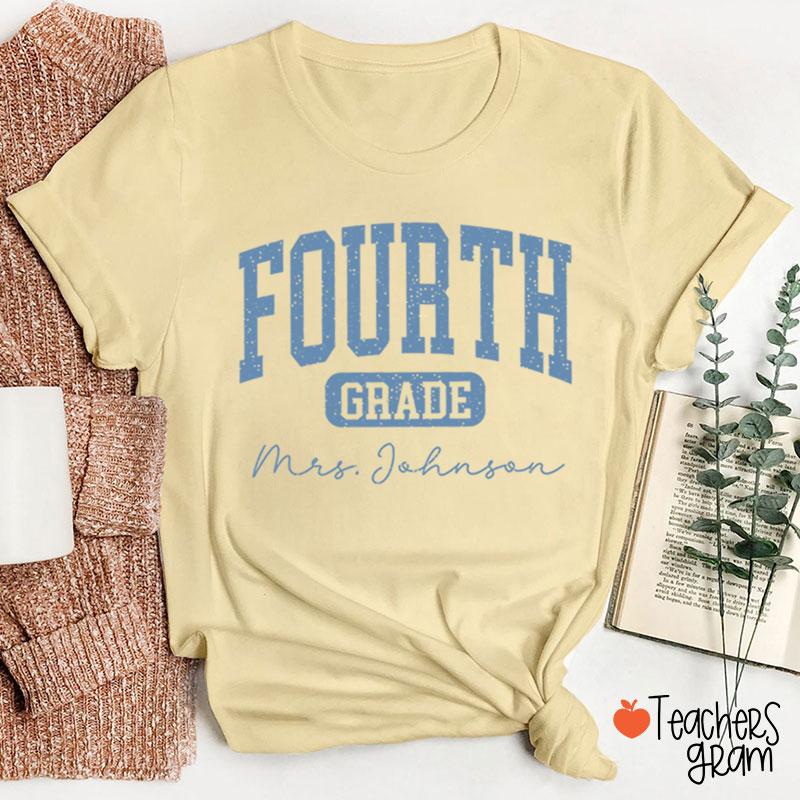 Personalized Name And Grade Vintage Distressed Varsity Letter Teacher T-Shirt