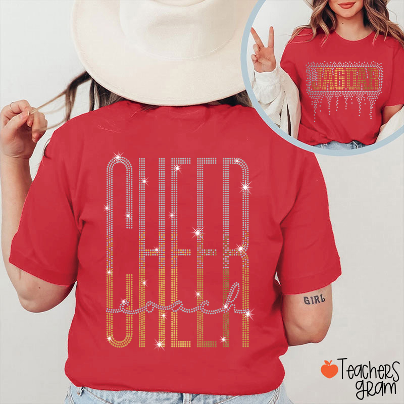Personalized Mascot Cheer Drip Faux Rhinestone Teacher  Two Sided T-Shirt
