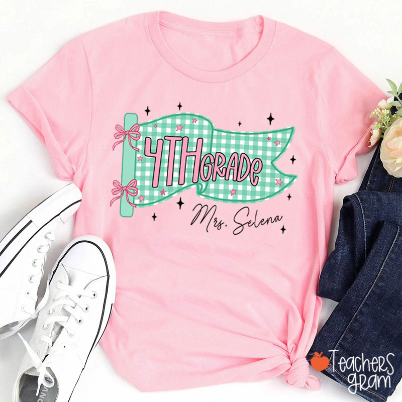 Personalized Name And Grade Gingham Pennant Bow Star Teacher T-Shirt