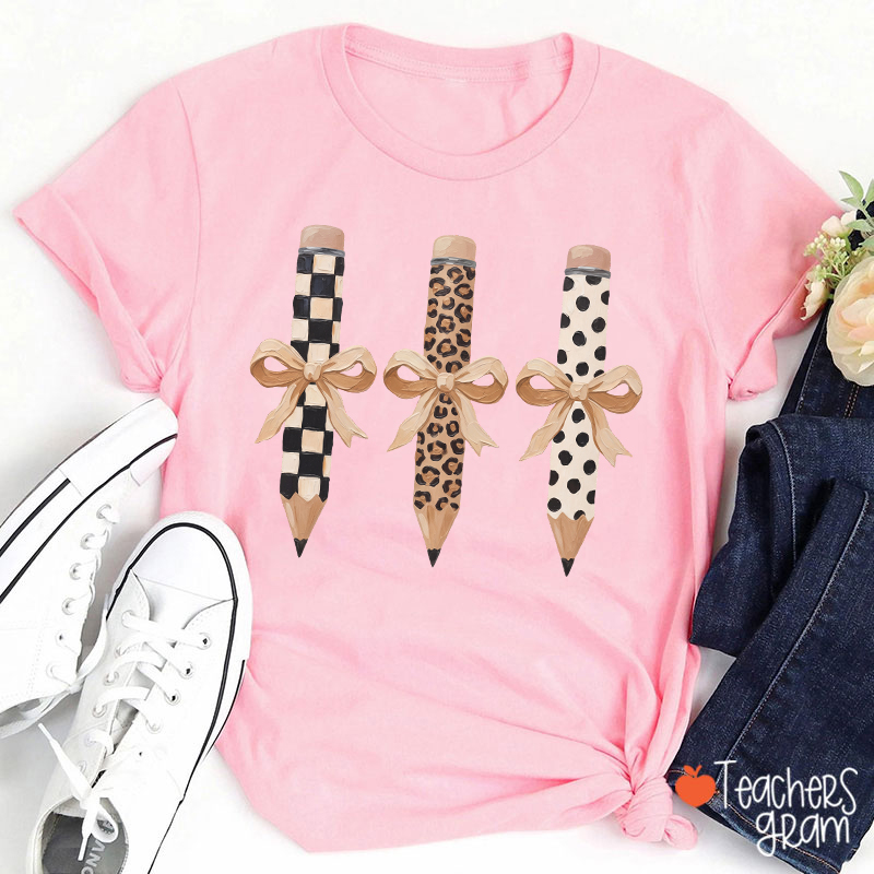 Checkerboard Leopard And Polka Dot Bow Pencil Teacher T-Shirt
