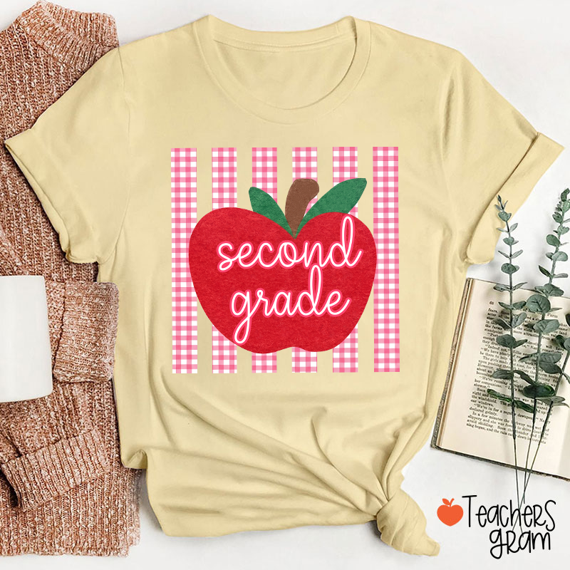 Personalized Grade Gingham Apple Teacher T-Shirt