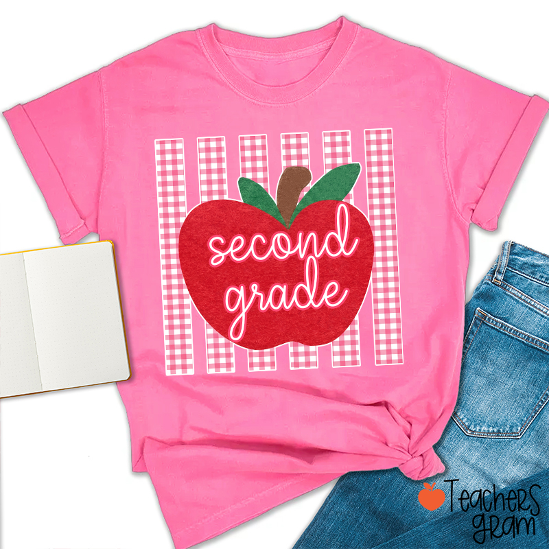 Personalized Grade Gingham Apple Teacher T-Shirt