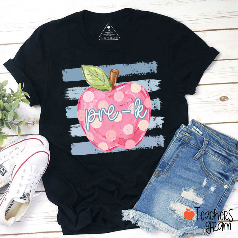 Personalized Grade Pink Polka Dot Apple Blue Brush Stripe Teacher T-Shirt