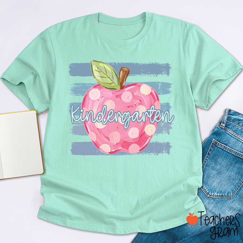 Personalized Grade Pink Polka Dot Apple Blue Brush Stripe Teacher T-Shirt