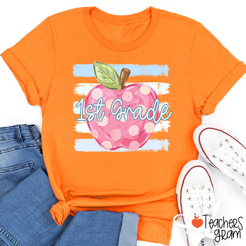 Personalized Grade Pink Polka Dot Apple Blue Brush Stripe Teacher T-Shirt