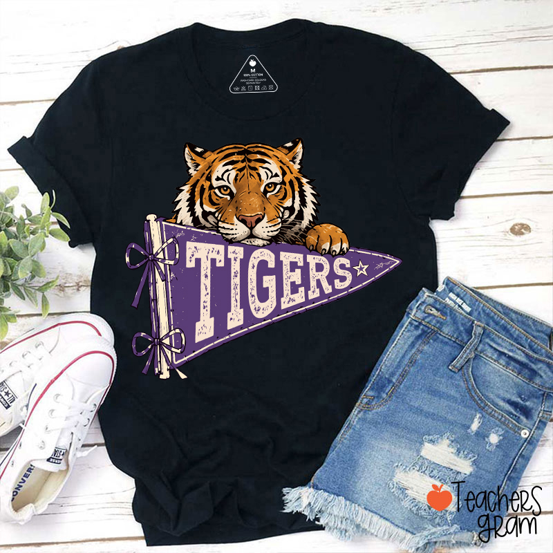 Personalized Mascot Team Name Vintage Pennant Bow Star Teacher T-Shirt
