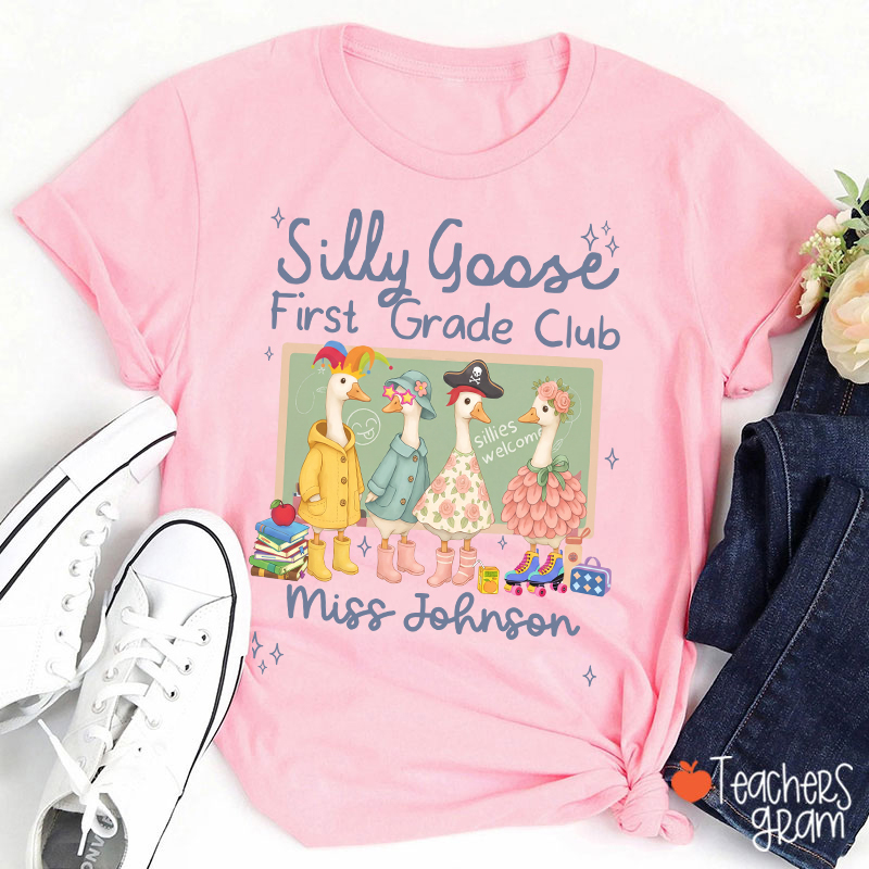 Personalized Grade Name Silly Goose Cartoon Classroom Print Teacher T-Shirt