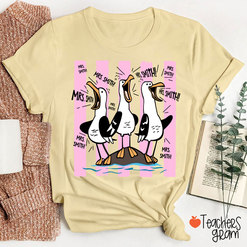 Personalized Pink Stripes Seagull Meme Teacher T-Shirt
