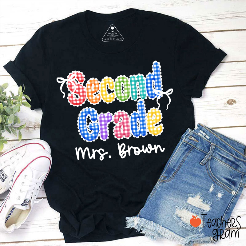 Personalized Grade Name Rainbow Gingham Teacher T-Shirt